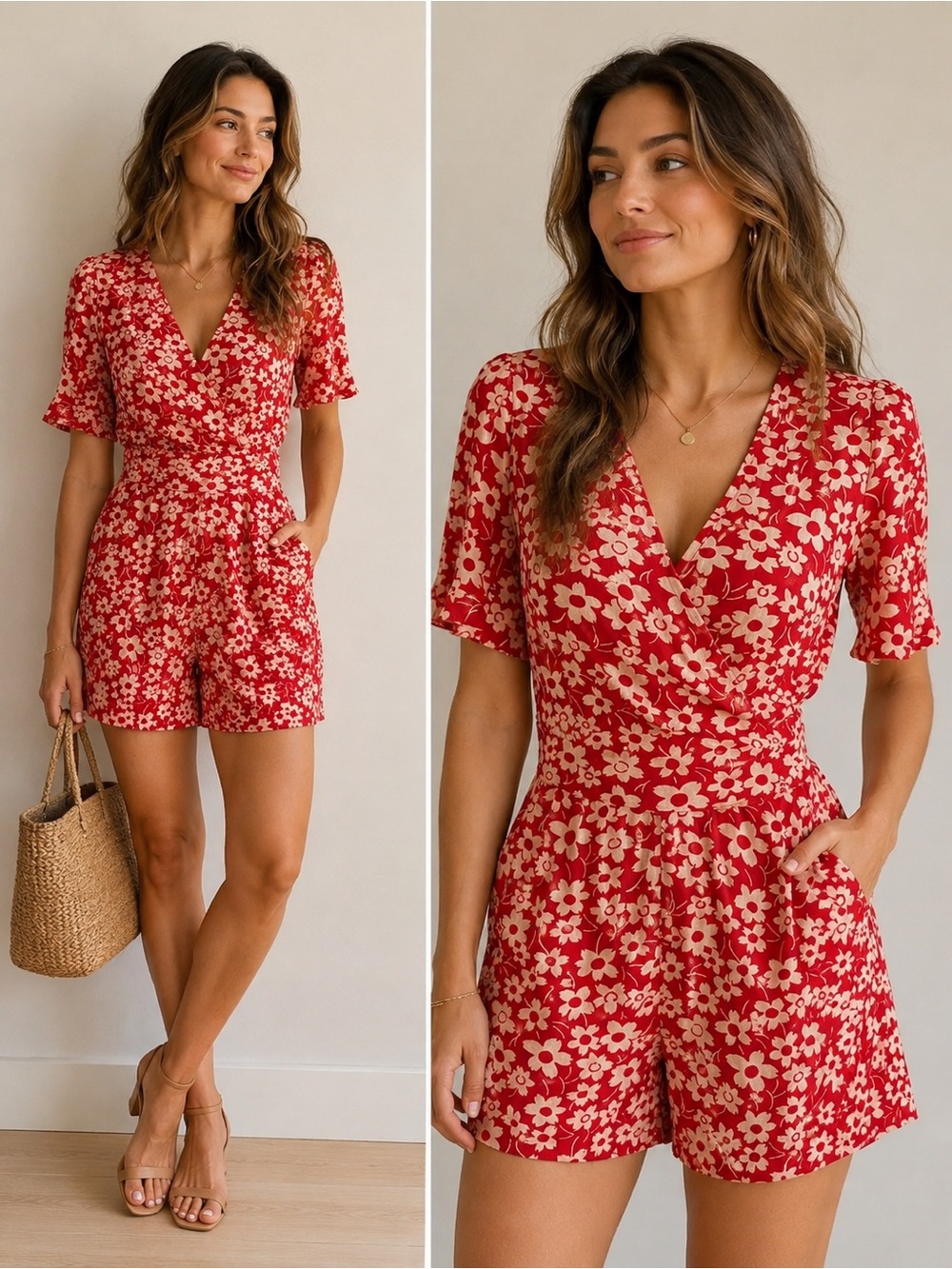 Madewell Size 0 Red Floral Wrap Front Tie Waist Romper 100% Viscose
